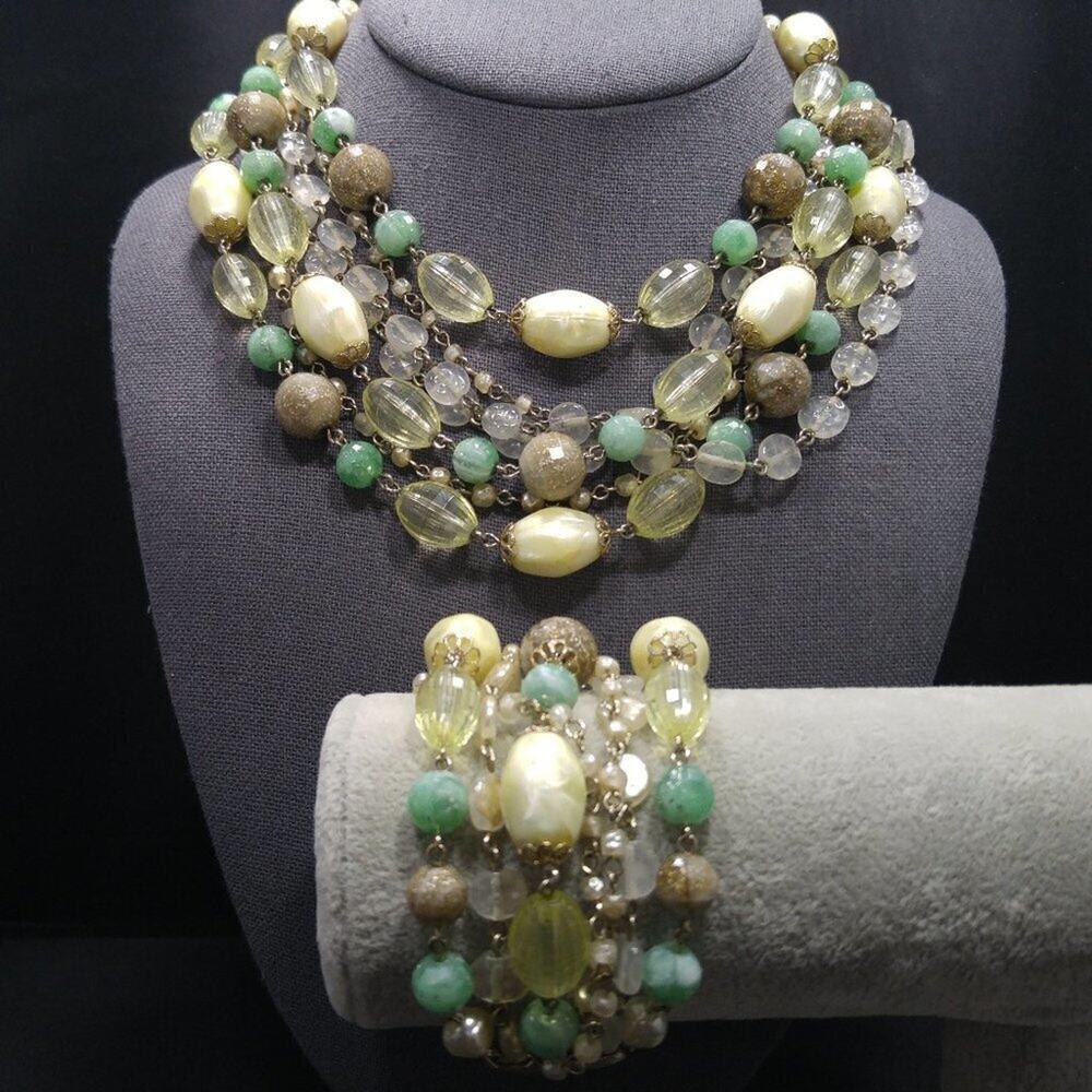 Vintage 1950s Multi Strand Beaded Necklace Bracelet Set Lucite Pearl